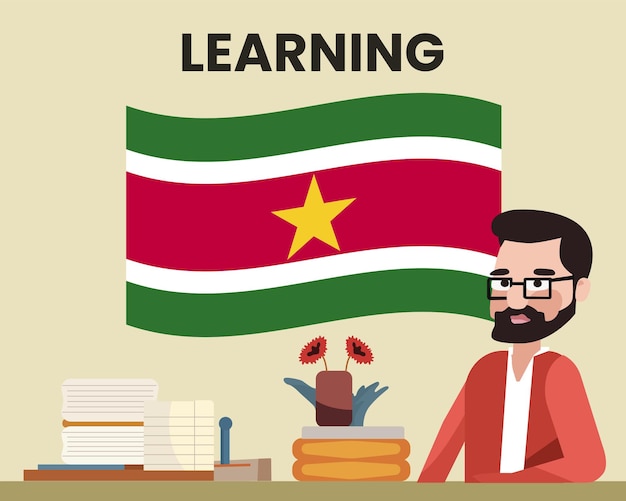 Suriname flag with a male teacher learning or teaching Suriname language school concept