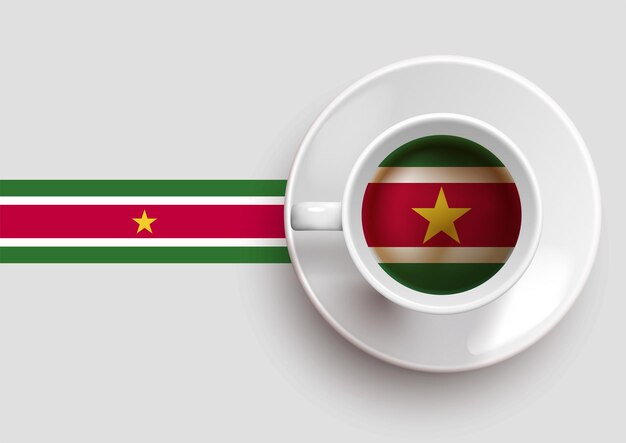 Suriname flag with a tasty coffee cup on top view