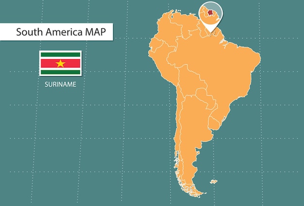 Mappa del suriname in america icone della versione zoom che mostrano la posizione e le bandiere del suriname