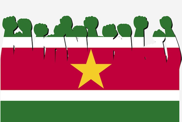 Suriname vlag met opgeheven protest handen vector land vlag logo suriname protesteren concept