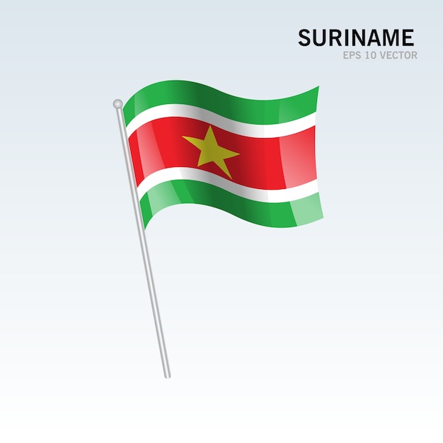 Bandiera sventolante del suriname isolato su sfondo grigio