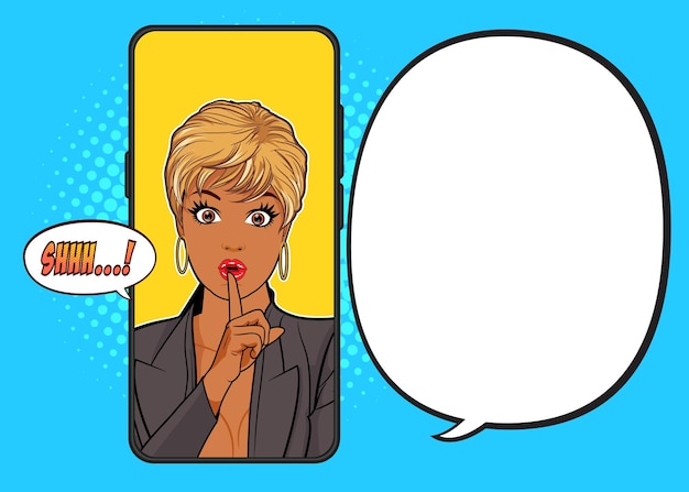 Сюрприз черная женщина с пальцем на губах тссс смартфон в стиле поп-арт в стиле комиксов