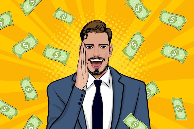 Surprise business man successful and shocking with falling money pop art retro comic style