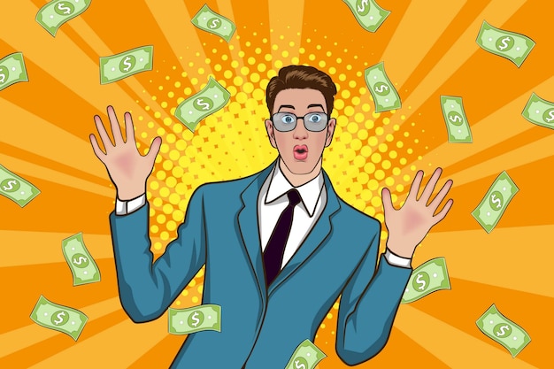 Surprise business man successful and shocking with Falling Money Pop art retro comic style