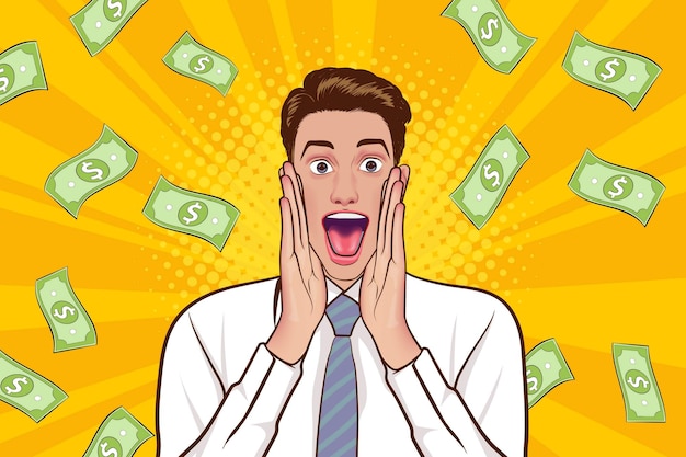 Surprise business man successful and shocking with Falling Money Pop art retro comic style