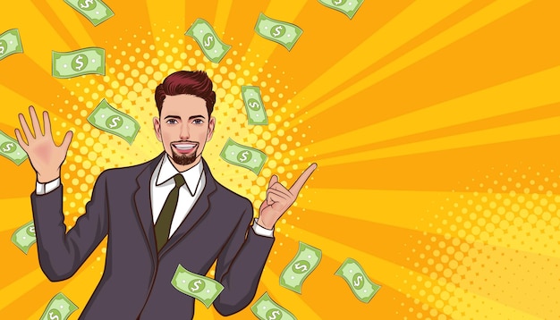 Surprise business man successful and shocking with Falling Money Pop art retro comic style