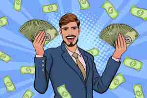 Vector surprise business man successful and shocking with falling money pop art retro comic style