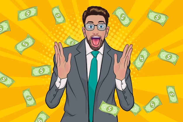 Vector surprise business man successful and shocking with falling money pop art retro comic style