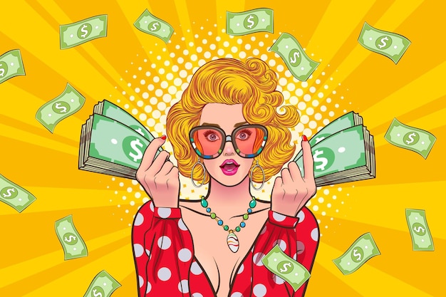 Вектор Удивительная бизнес-леди, успешная и шокирующая с falling money, говорит wow omg поп-арт ретро-комиксы