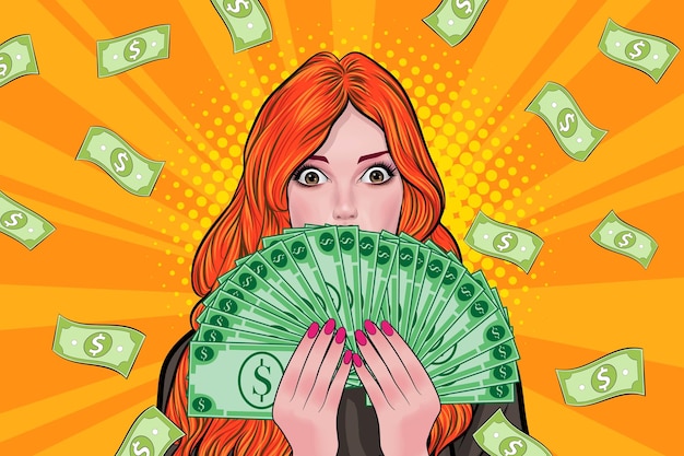 Sorprendi la donna d'affari di successo e scioccante con falling money dicendo wow omg pop art fumetti retrò