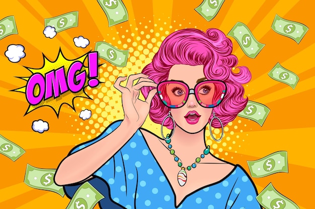 Sorprendi la donna d'affari di successo e scioccante con falling money dicendo wow omg pop art fumetti retrò