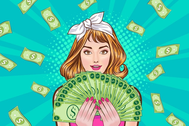 Sorprendi la donna d'affari di successo e scioccante con falling money dire wow pop art in stile fumetto retrò