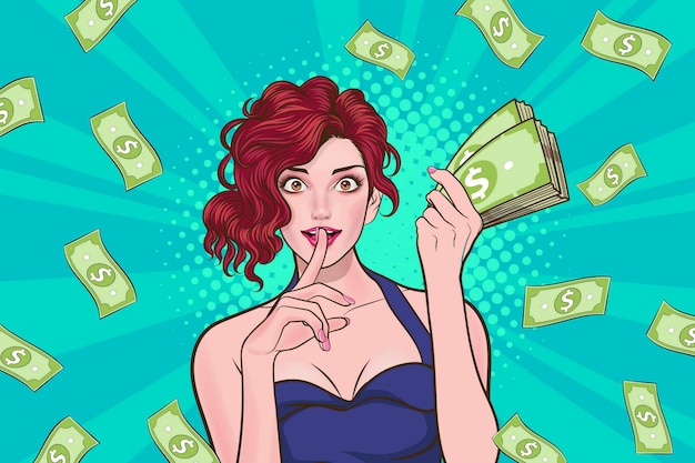 Surprise business woman successful and shocking with falling money say wow pop art retro comic style