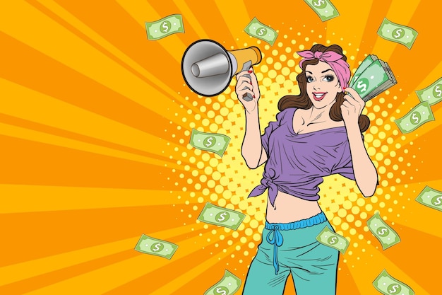 Surprise business woman successful and shocking with Falling Money WOW OMG Pop art retro comic style