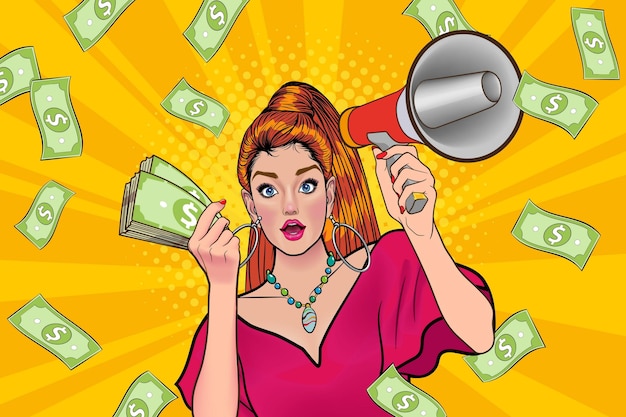 Surprise business woman successful and shocking with falling money wow omg pop art retro comic style