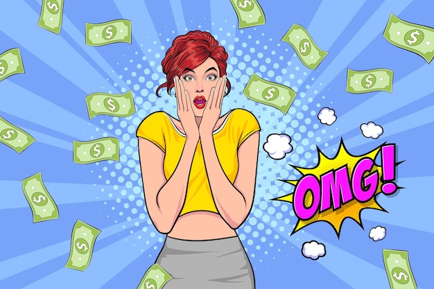 떨어지는 돈으로 성공한 놀라운 비즈니스 여성은 WOW OMG 팝 아트 복고풍 만화 스타일이라고 말합니다.