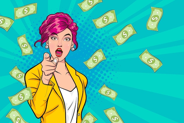 Surprise business woman successful with falling money say wow omg pop art retro comic style