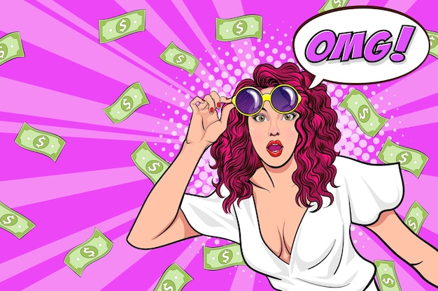 Surprise business woman successful with falling money say wow omg pop art retro comic style