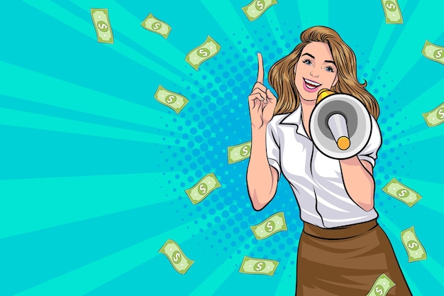 Surprise business woman successful with Falling Money say WOW OMG Pop art retro comic style