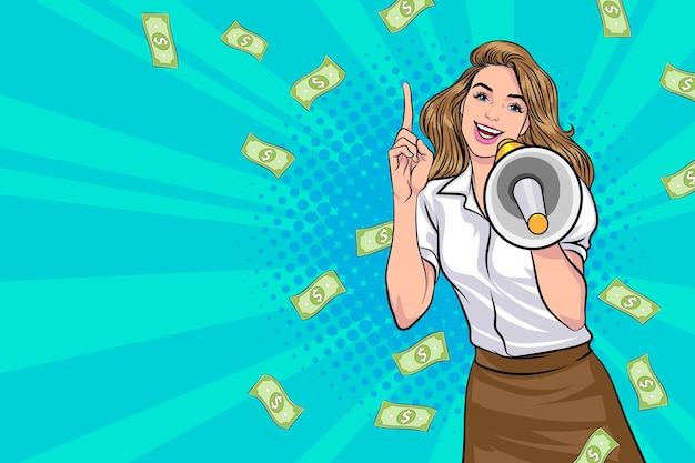 Surprise business woman successful with falling money say wow omg pop art retro comic style