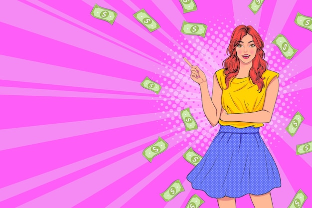 Surprise business woman successful with falling money say wow omg pop art retro comic style