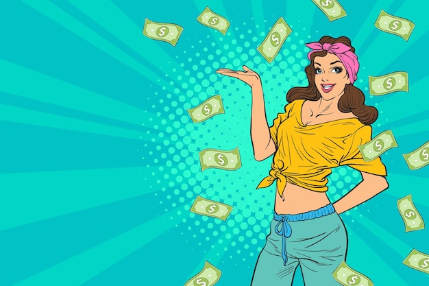 Sorprendi la donna d'affari di successo con falling money dire wow omg pop art in stile fumetto retrò