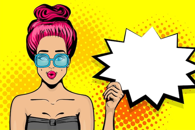 Surprise caucasian pink hair young girl in sunglasses woman pop art hold empty speech bubble