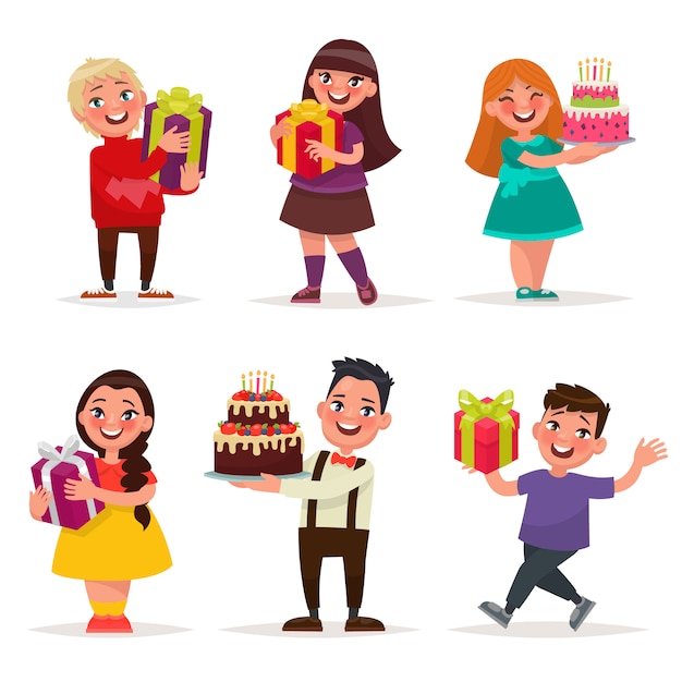 Vector surprise for children. boys and girls with gifts and birthday cakes.