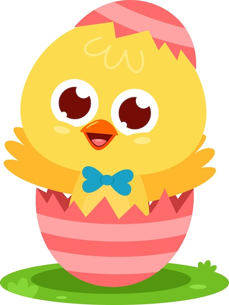 Surprise Cute Yellow Chick Cartoon Character Out Of An Egg Shell Vector Illustratie Platte Ontwerp