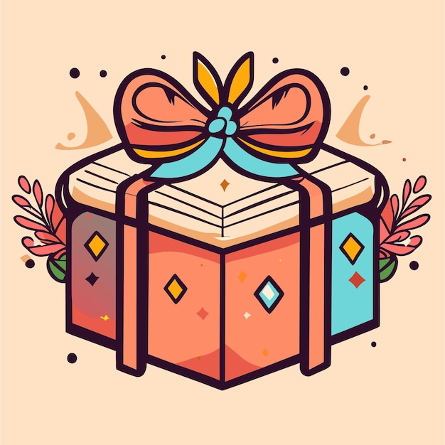 Vector surprise gift box with ribbon bow hand drawn flat stylish cartoon sticker icon concept isolated