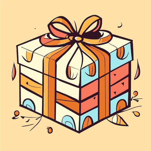 Surprise gift box with ribbon bow hand drawn flat stylish cartoon sticker icon concept isolated