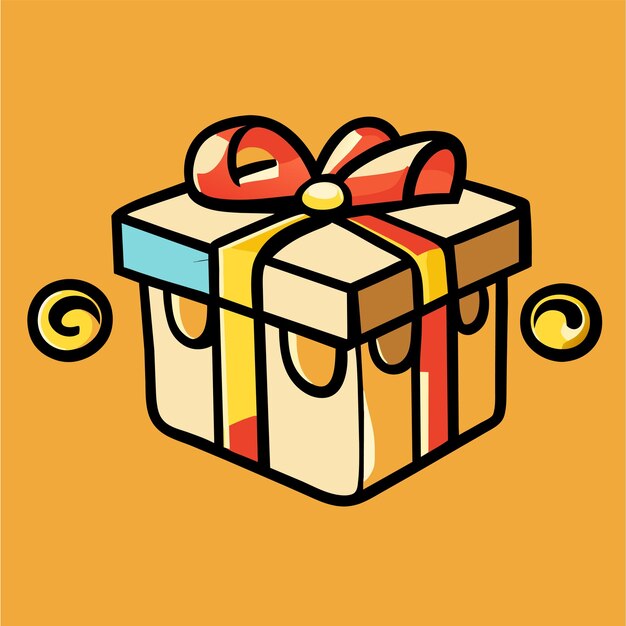 Surprise gift box with ribbon bow hand drawn flat stylish cartoon sticker icon concept isolated