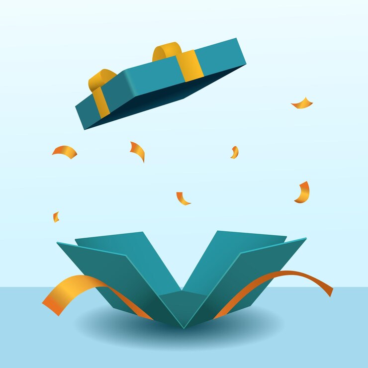 Vector surprise open dark blue gift box isolated with orange ribbon 3d style