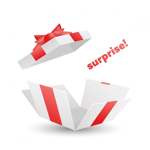 Surprise open white gift box with red ribbon, bow and flying cover.