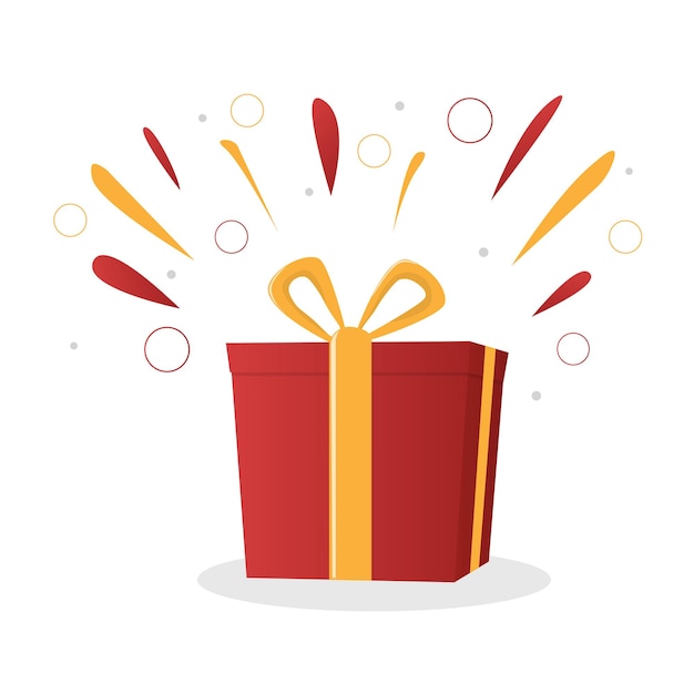 surprise red gift box birthday celebration special give away package loyalty program reward wonder gift with exclamation mark vector icon flat illustration