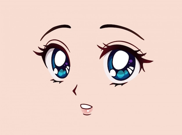 Surprised anime face. manga style big blue eyes, little nose and kawaii mouth. hand drawn cartoon illustration.