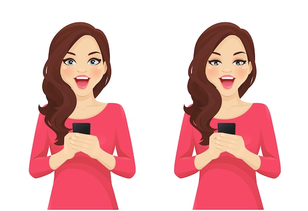 Surprised beautiful wave hairstyle woman holding mobile phone in hand isolated vector illustration