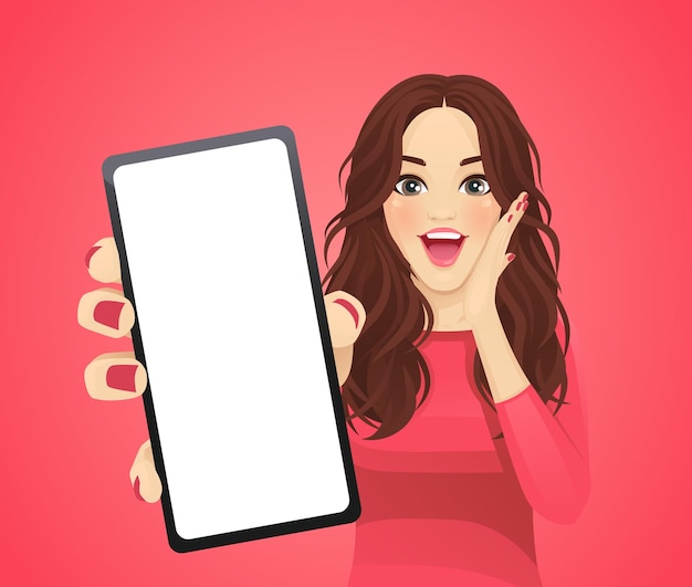 Vector surprised beautiful young woman showing blank phone screen vector illustration