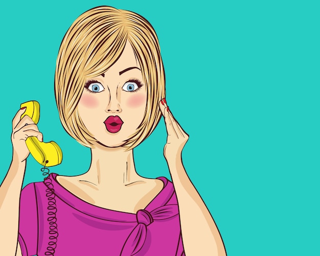 Surprised blonde pop art woman chatting on retro phone