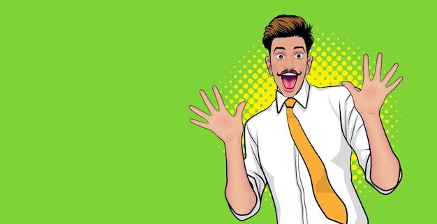 Удивленный бизнесмен, подняв руки в стиле поп-арт в стиле комиксов