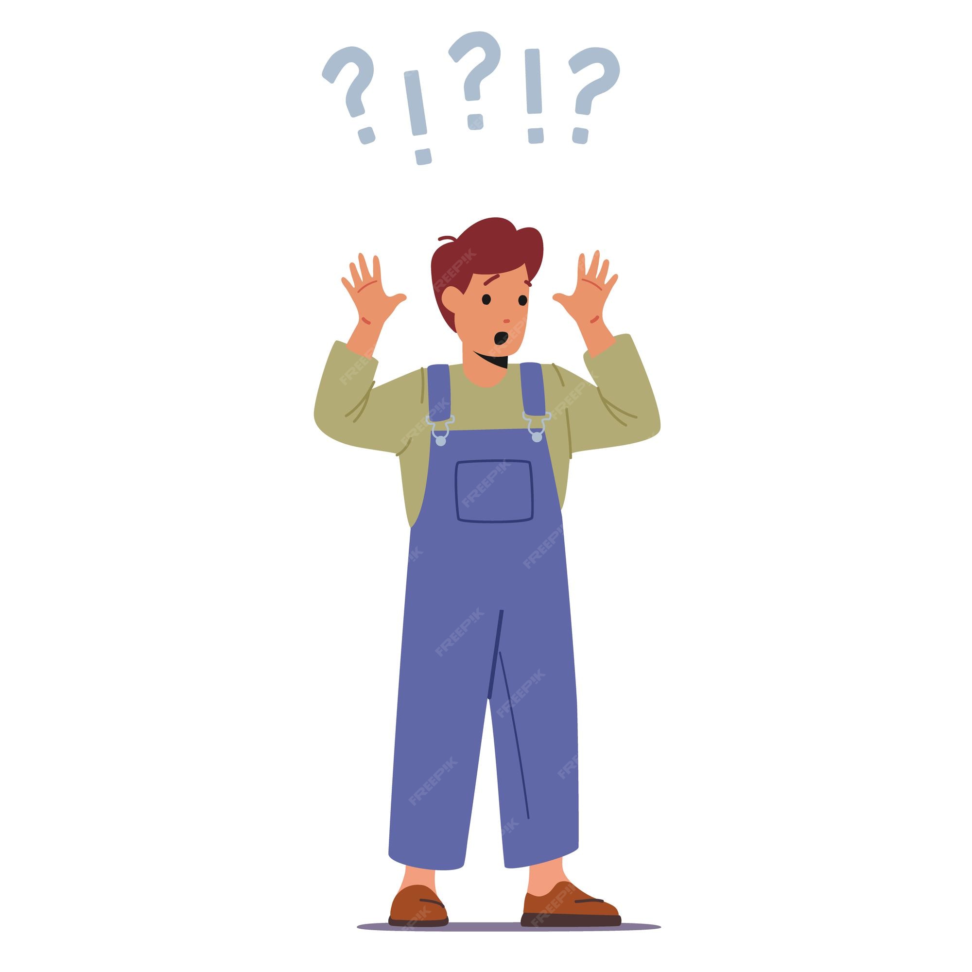Premium Vector | Surprised child with big question and exclamation marks over head. thinking process, curious kid asking questions, character ask, searching answers and problem solution. cartoon vector illustration Premium Vector | Surprised child with big question and exclamation marks over head. thinking process, curious kid asking questions, character ask, searching answers and problem solution. cartoon vector illustration