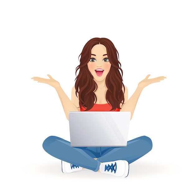 Vector surprised excited beautiful woman using laptop computer sitting in lotus pose with crossed legs isolated vector illustration