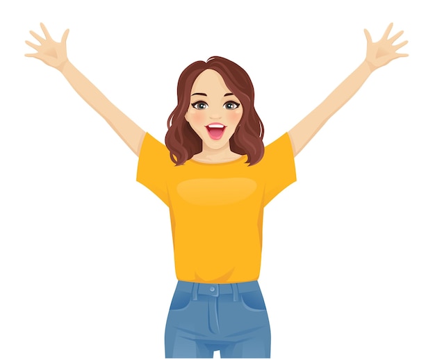 Vector surprised excited cute young woman in jeans isolated vector illustration