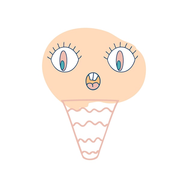 Surprised face ice cream cone character with googly eyes in retro style Perfect print for tee sticker poster Cute vector illustration for decor and design