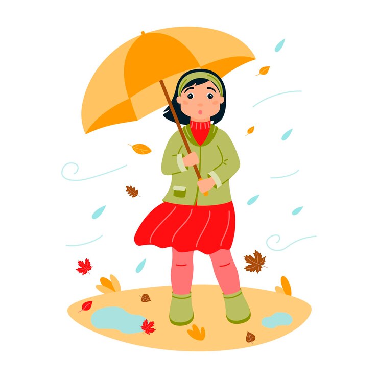 वेक्टर a surprised girl in autumn clothes hides under an umbrella from the wind and rain leaf fall
