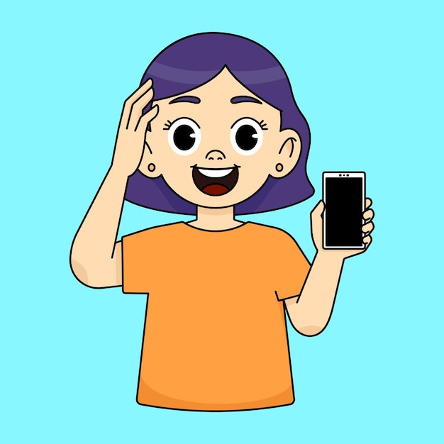 Surprised girl holding and showing a blank smartphone screen and holding her hand behind her head