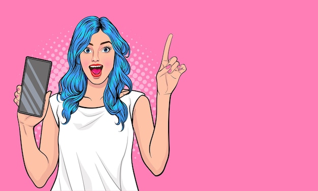 Vector surprised happy brunette woman showing blank smartphone screen and pointing while looking with open mouth over pink background pop art comic style