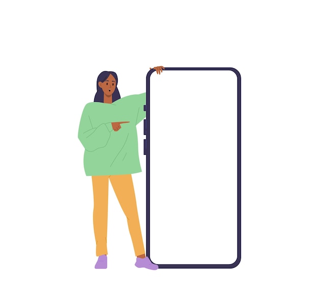 Surprised happy woman presenter character pointing at white screen of large mobile phone mockup Young female personage introducing new product or showing advantage with index finger hand gesture