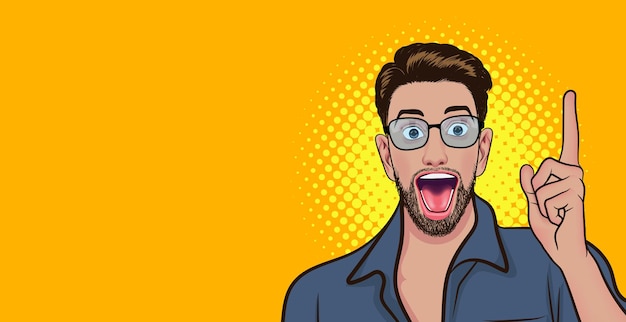 Vector surprised idea bearded young man point finger up pop art comic style