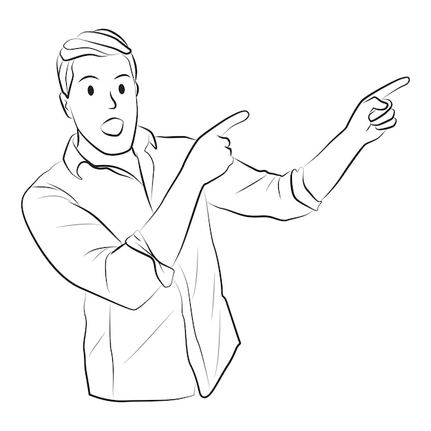 surprised man pointing pose line cartoon illustration